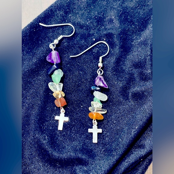 SO_Pretty Chakras Natural Crystal Earrings+Cross Charm Dangle Earrings - Picture 4 of 15